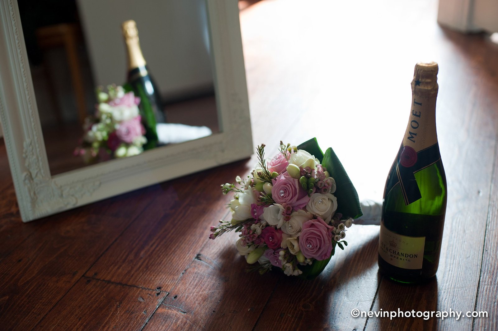 Wedding Bouquet with a bottle of Champagne_5580